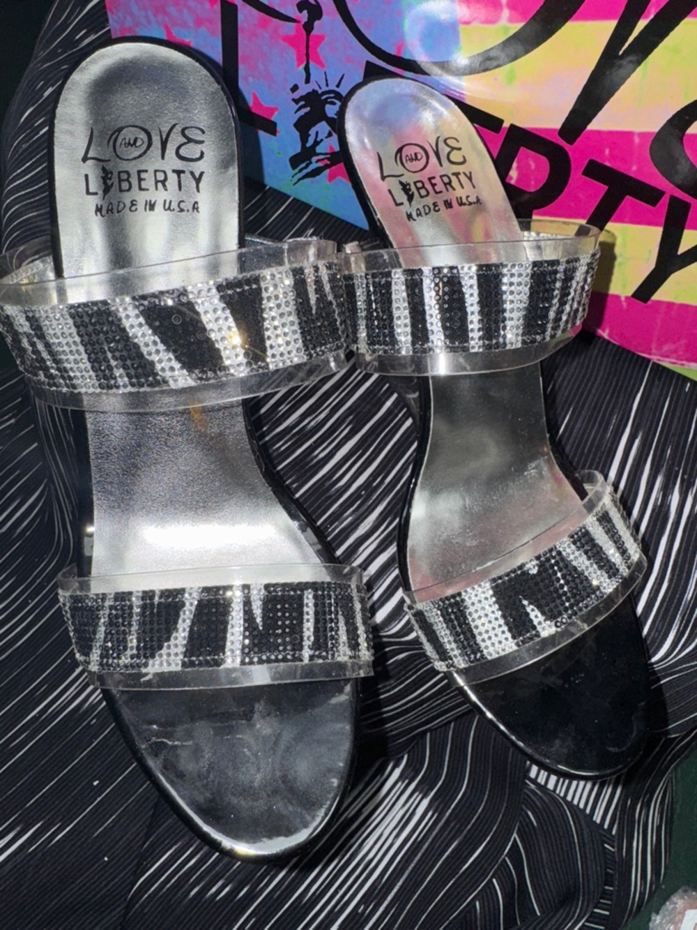 Love & Liberty Silver Clear Wedge Sandals with Patterned Straps